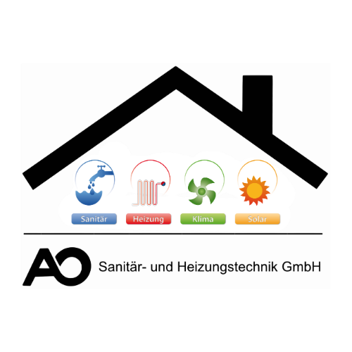 Logo der AO Sanitär- und Heizungstechnik GmbH mit einem stilisierten Hausdach über vier Symbolen mit den Bezeichnungen Sanitär, Heizungstechnik, Klima und Solar, die für Sanitär, Heizungstechnik, Klima und Solarservice stehen